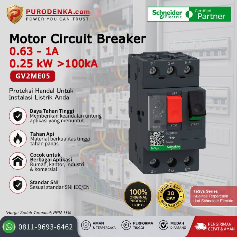 SCHNEIDER Motor Circuit Breaker 3P 0.63-1A 0.25kW >100kA GV2ME05