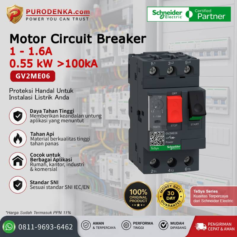 SCHNEIDER Motor Circuit Breaker 3P 1-1.6A 0.55kW >100kA GV2ME06