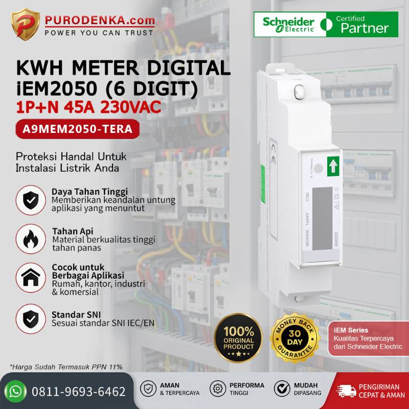 SCHNEIDER KWH Meter Digital iEM2050 (6 Digit) 1P+N 45A 230VAC A9MEM2050-TERA