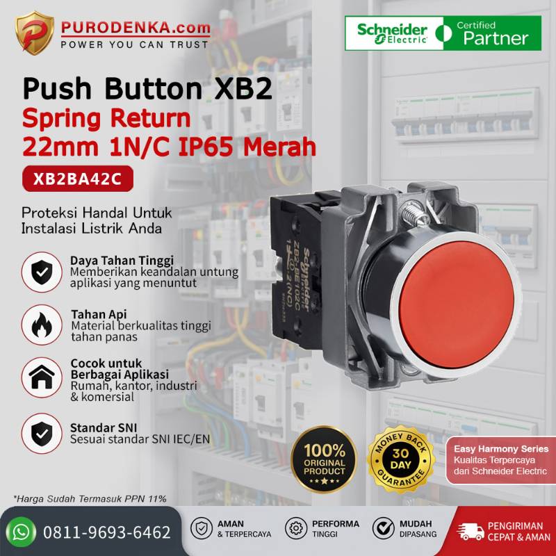 SCHNEIDER Push Button XB2 Spring Return 22mm 1N/C IP65 Merah XB2BA42C
