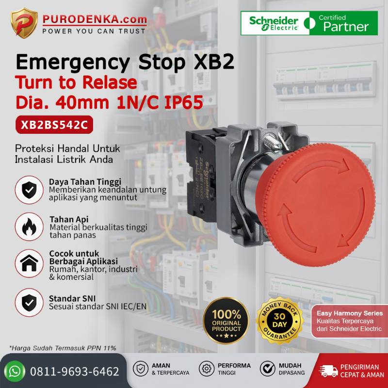 SCHNEIDER Emergency Stop XB2 Turn to Release 40mm 1N/C IP65 XB2BS542C