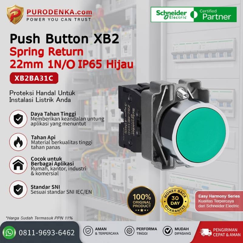 SCHNEIDER Push Button XB2 Spring Return 22mm 1N/O IP65 Hijau XB2BA31C