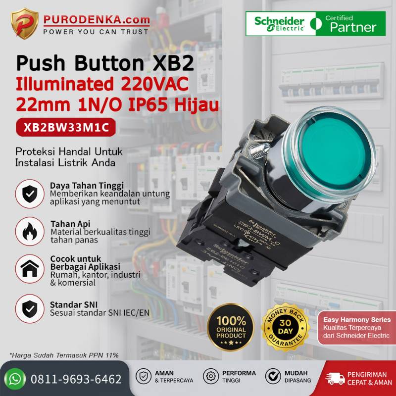 SCHNEIDER Push Button XB2 Illuminated 220VAC 22mm 1N/O IP65 Hijau XB2BW33M1C