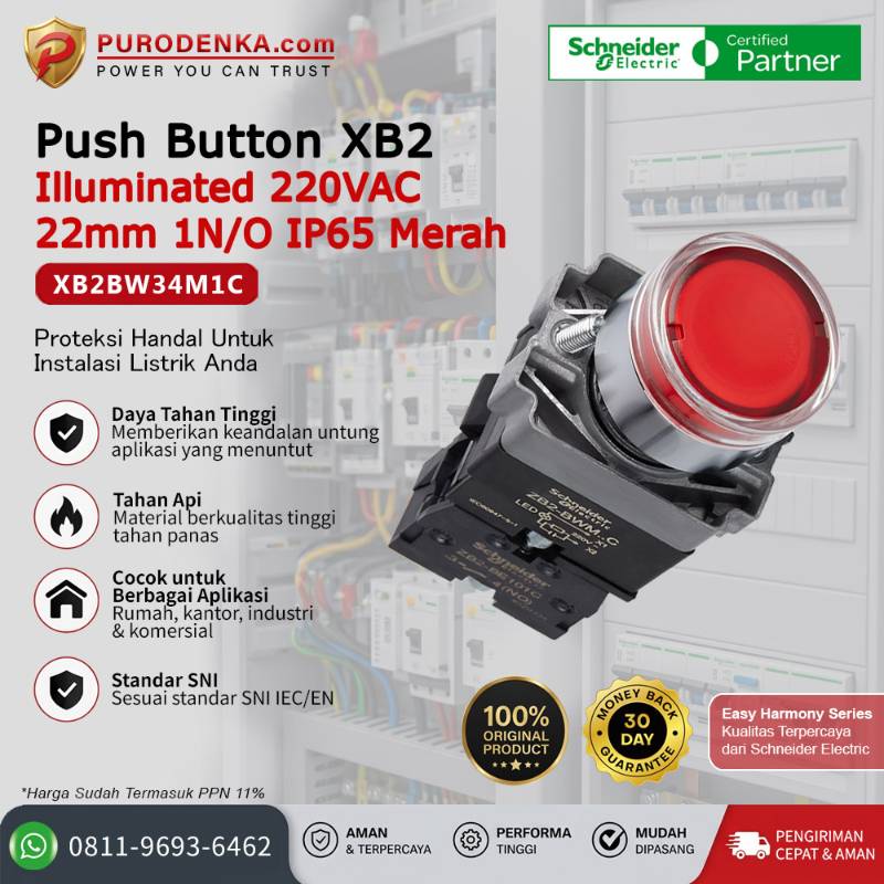 SCHNEIDER Push Button XB2 Illuminated 220VAC 22mm 1N/O IP65 Merah XB2BW34M1C