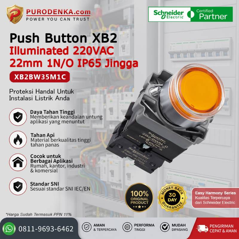 SCHNEIDER Push Button XB2 Illuminated 220VAC 22mm 1N/O IP65 Jingga XB2BW35M1C