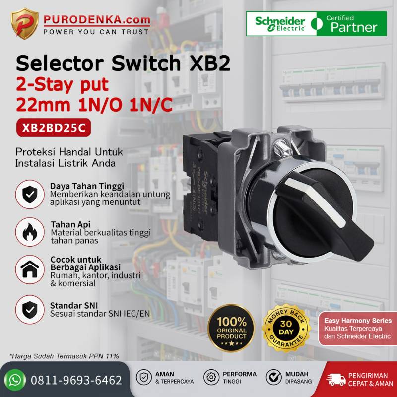 SCHNEIDER Selector Switch XB2 2-stay put 22mm 1N/O 1N/C XB2BD25C