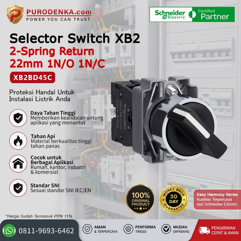 SCHNEIDER Selector Switch XB2 2-spring return 22mm 1N/O 1N/C XB2BD45C