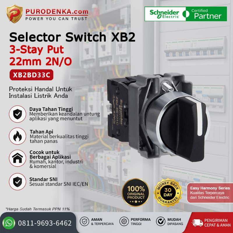 SCHNEIDER Selector Switch XB2 3-stay put 22mm 2N/O XB2BD33C