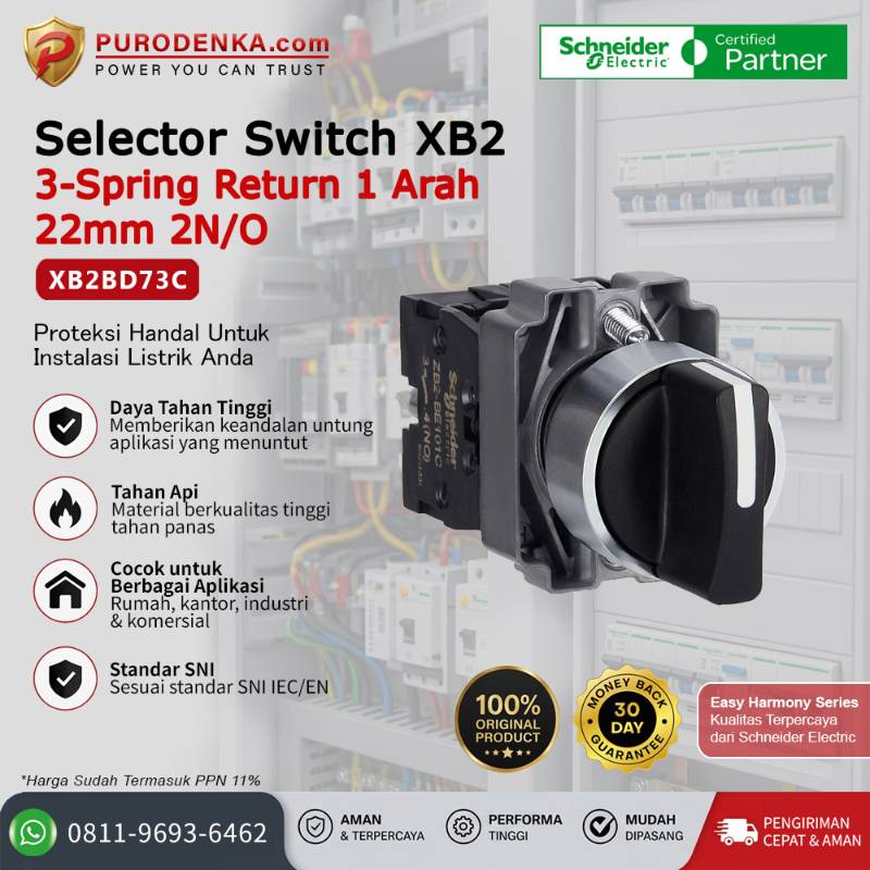 SCHNEIDER Selector Switch XB2 3-spring return 1 arah 22mm 2N/O XB2BD73C