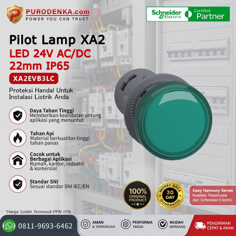 SCHNEIDER Pilot Lamp XA2 LED 24V AC/DC 22mm IP65 Hijau XA2EVB3LC