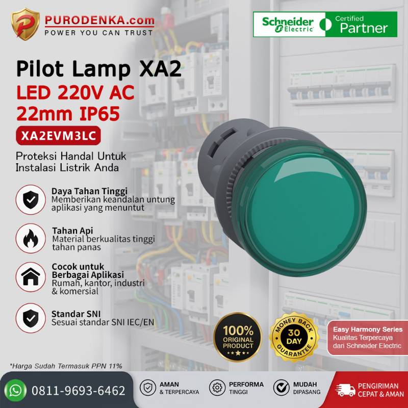 SCHNEIDER Pilot Lamp XA2 LED 220V AC/DC 22mm IP65 Hijau XA2EVM3LC