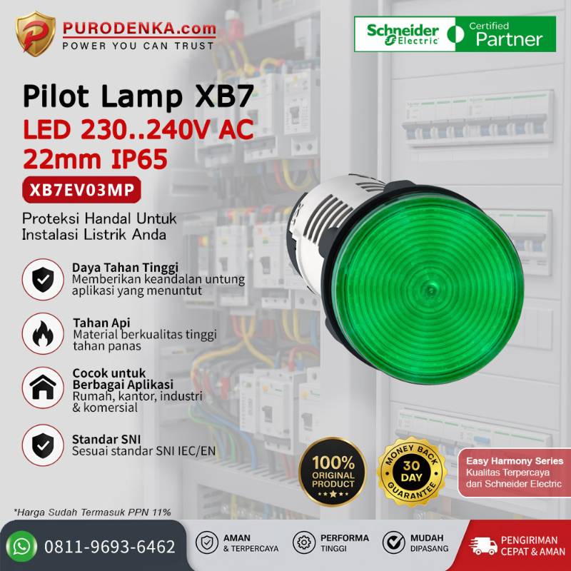 SCHNEIDER Pilot Lamp XB7 LED 230-240V AC 22mm IP65 Hijau XB7EV03MP