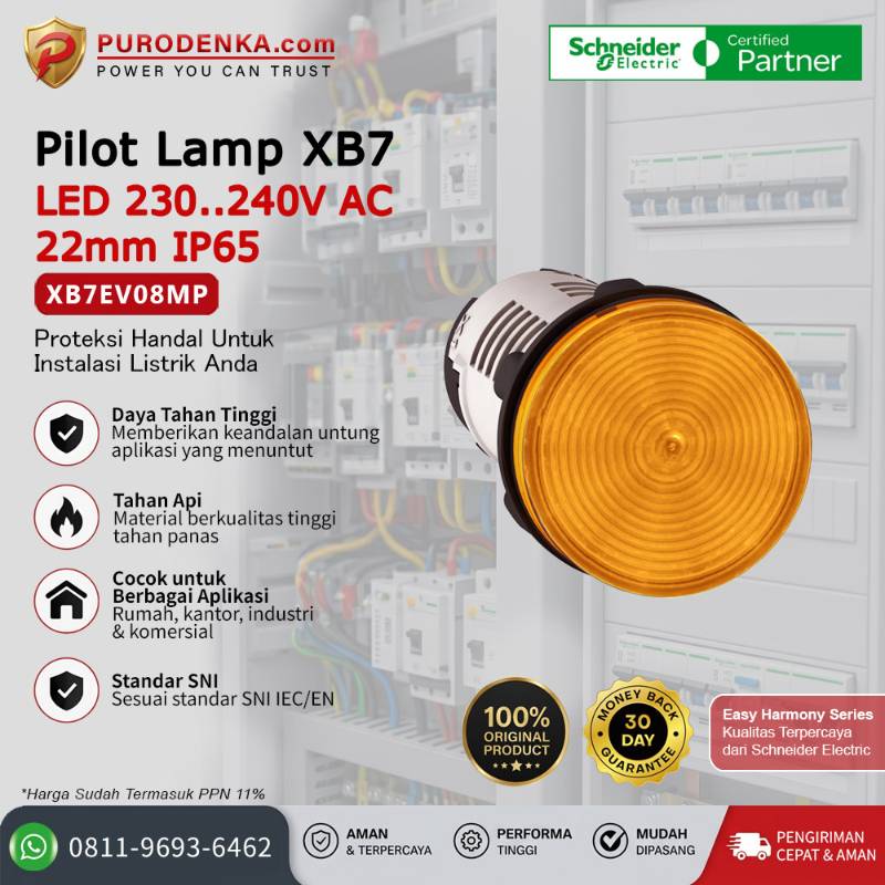 SCHNEIDER Pilot Lamp XB7 LED 230-240V AC 22mm IP65 Jingga XB7EV08MP