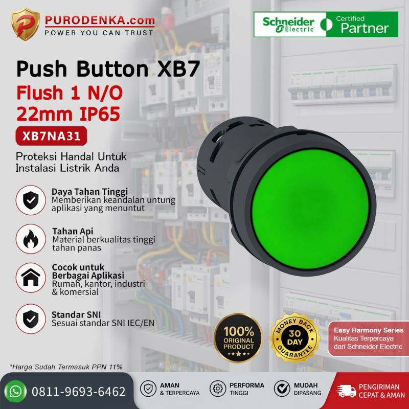 SCHNEIDER Pilot Lamp XB7 Flush 1N/O 22mm IP65 Hijau XB7NA31