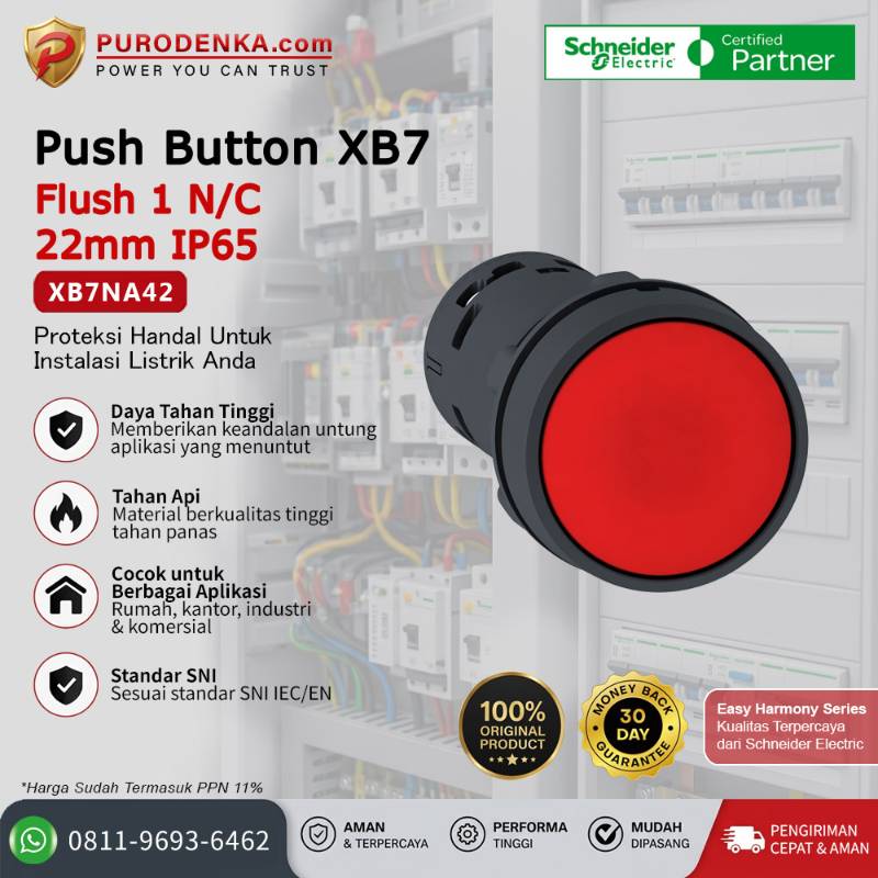 SCHNEIDER Pilot Lamp XB7 Flush 1N/C 22mm IP65 Merah XB7NA42