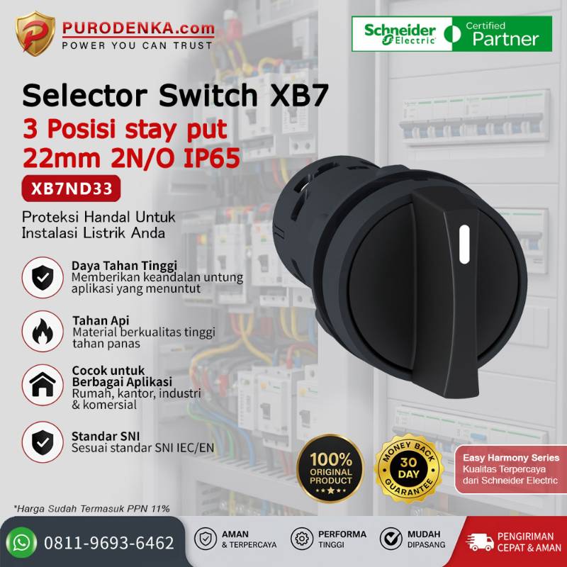 SCHNEIDER Selector Switch XB7 3 posisi stay put 22mm 2N/O IP65 XB7ND33