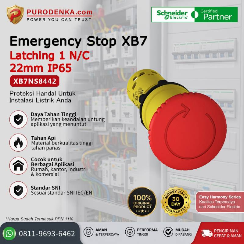 SCHNEIDER Emergency Stop XB7 Latching 1N/C 22mm IP65 XB7NS8442