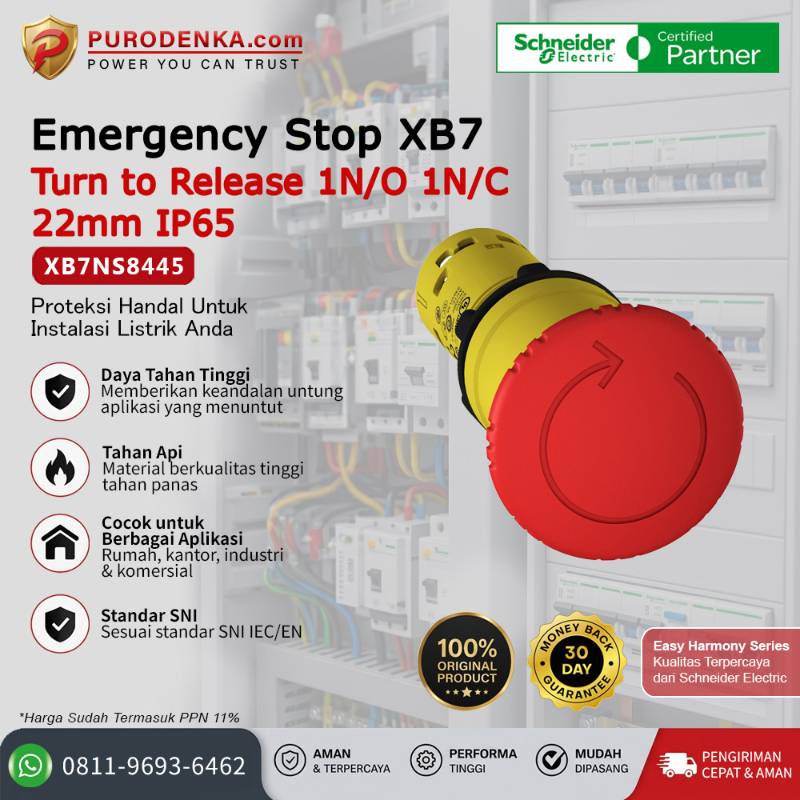 SCHNEIDER Emergency Stop XB7 Turn to Releasen 1N/O 1N/C 22mm IP65 XB7NS8445