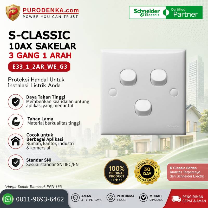 SCHNEIDER S-Classic 10AX Sakelar 3 Gang 1 Arah E33_1_2AR_WE_G3