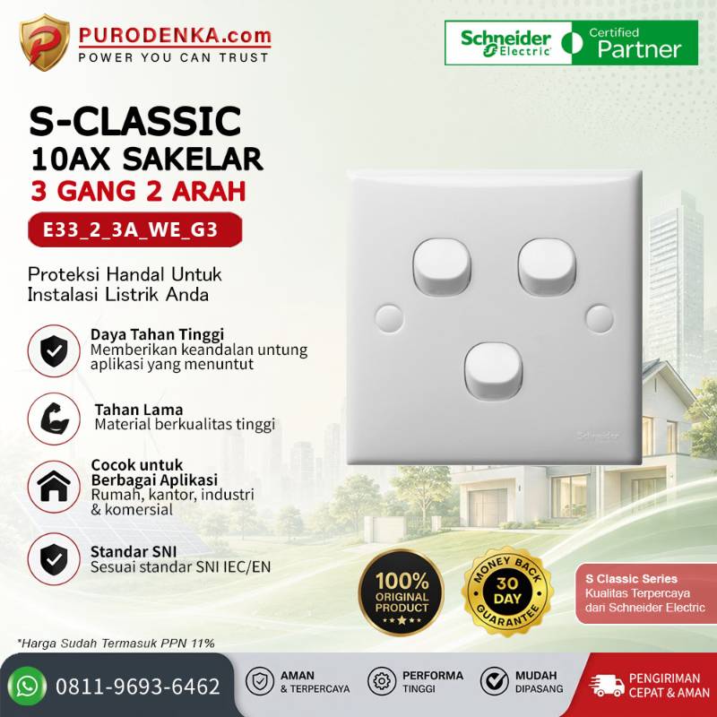 SCHNEIDER S-Classic 10AX Sakelar 3 Gang 2 Arah E33_2_3A_WE_G3