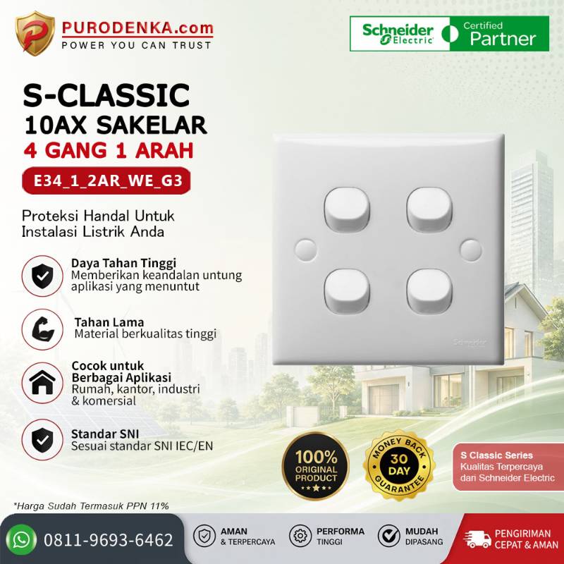 SCHNEIDER S-Classic 10AX Sakelar 4 Gang 1 Arah E34_1_2AR_WE_G3