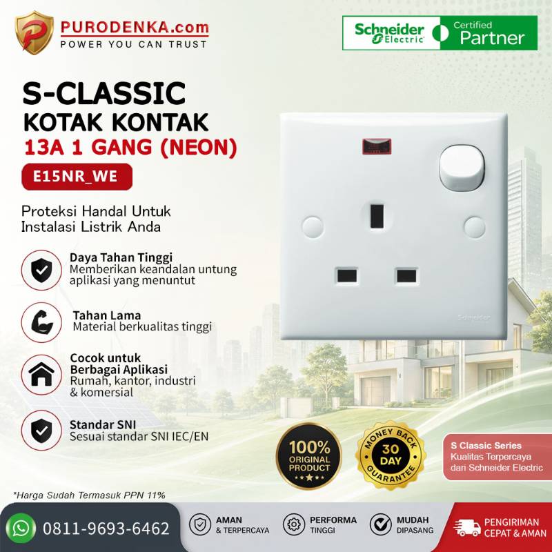 SCHNEIDER S-Classic Kotak Kontak 13A 1 Gang (Neon) E15NR_WE