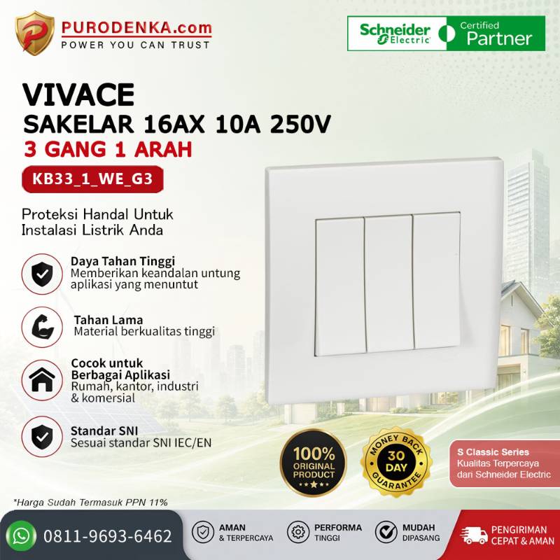 SCHNEIDER Vivace Sakelar 16AX 10A 250V 3 Gang 1 Arah KB33_1_WE_G3