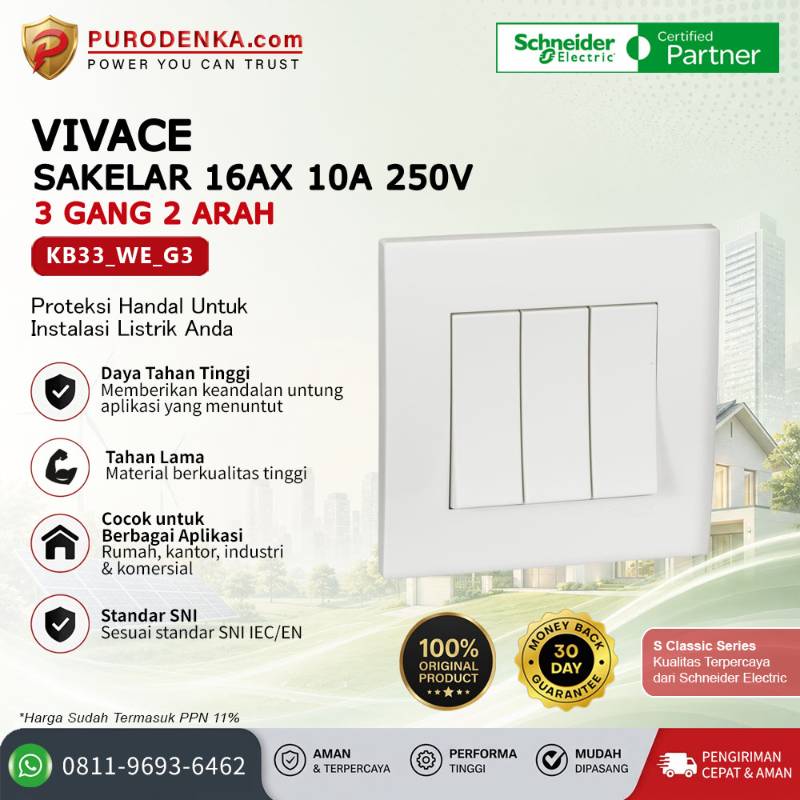 SCHNEIDER Vivace Sakelar 16AX 10A 250V 3 Gang 2 Arah KB33_WE_G3