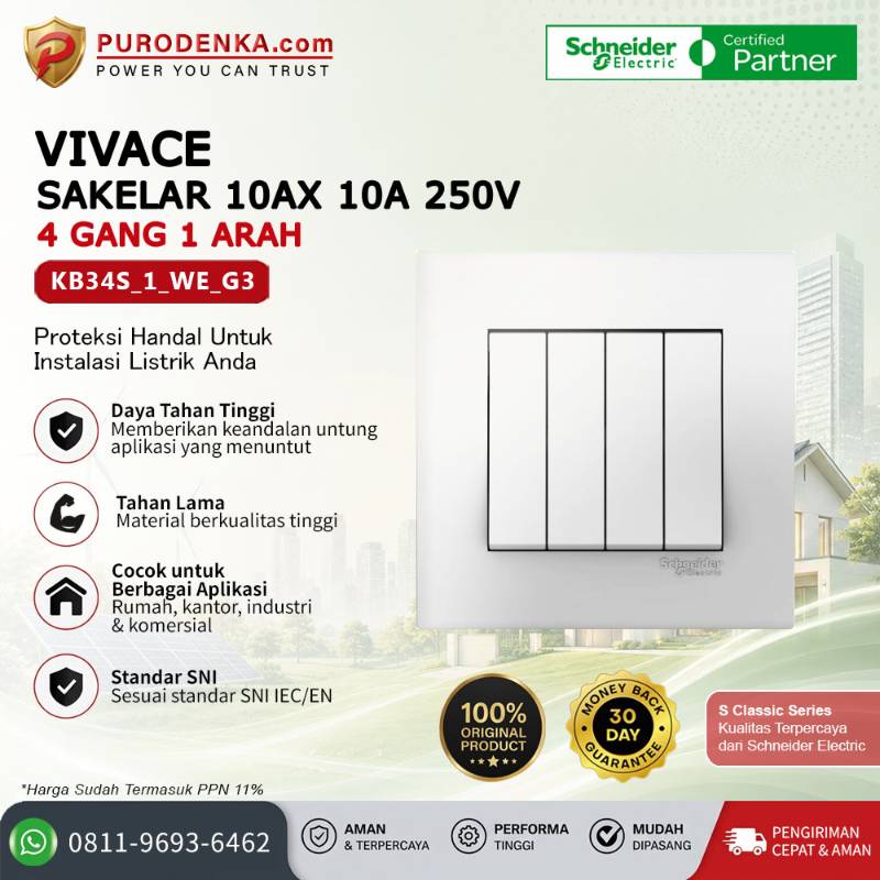SCHNEIDER Vivace Sakelar 10AX 250V 4 Gang 1 Arah KB34S_1_WE_G3