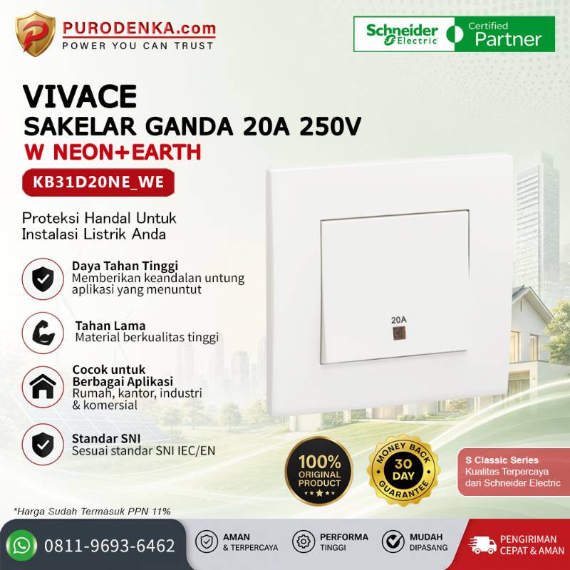 SCHNEIDER Vivace Sakelar Ganda 20A 250V W Neon+Earth KB31D20NE_WE
