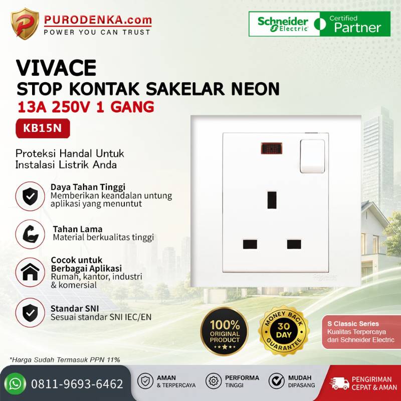 SCHNEIDER Vivace Stop Kontak Sakelar Neon 13A 250V 1 Gang KB15N