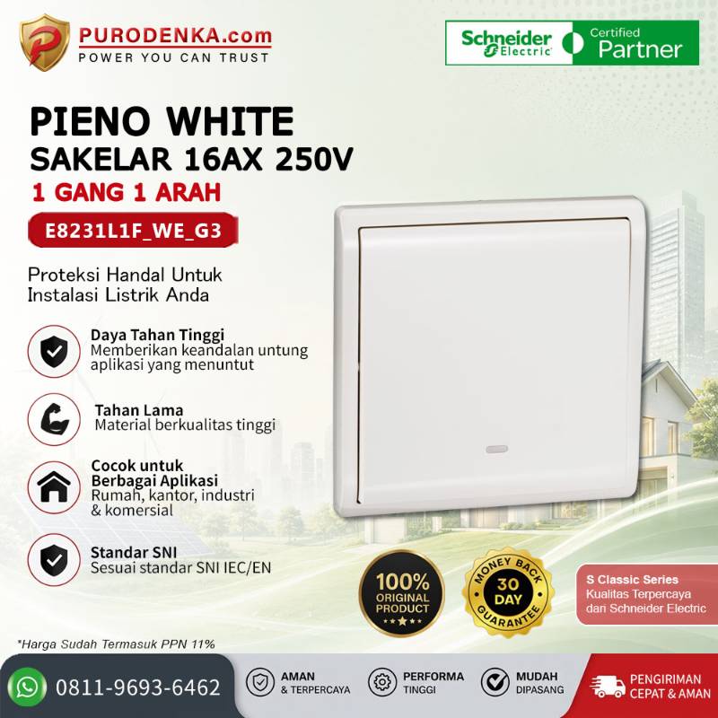 SCHNEIDER Pieno White 16AX 250V Sakelar 1 Gang 1 Arah E8231L1F_WE_G3