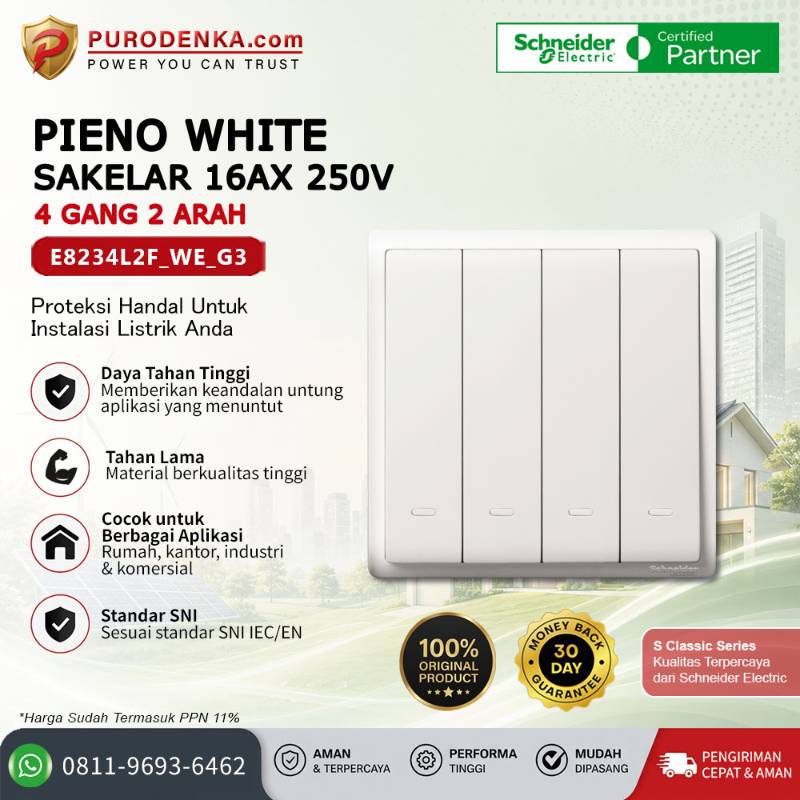 SCHNEIDER Pieno White 16AX 250V Sakelar 4 Gang 2 Arah E8234L2F_WE_G3