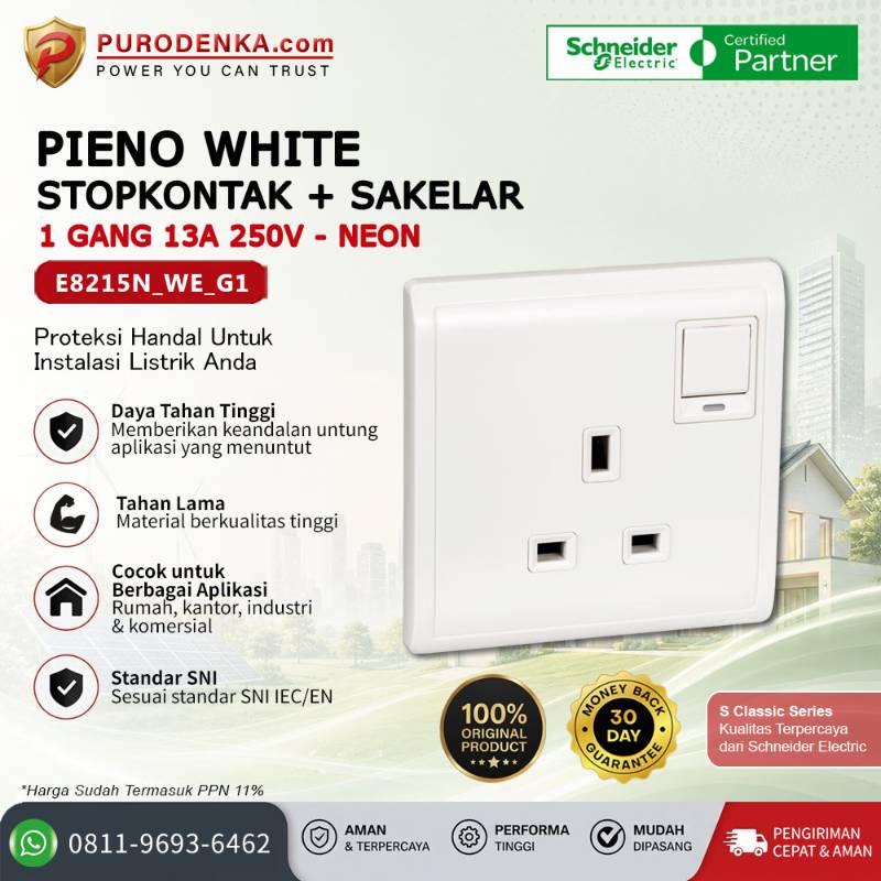SCHNEIDER Pieno White Stopkontak + Sakelar 1 Gang 13A 250V Neon E8215N_WE_G1