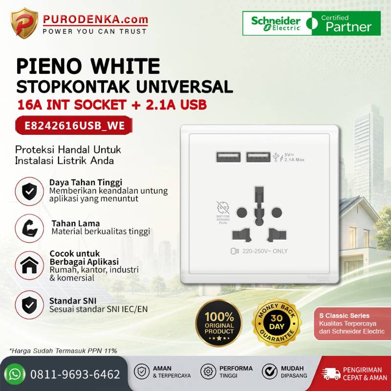 SCHNEIDER Pieno White Stopkontak Universal 16A Int Socket + 2.1A USB E8242616USB_WE