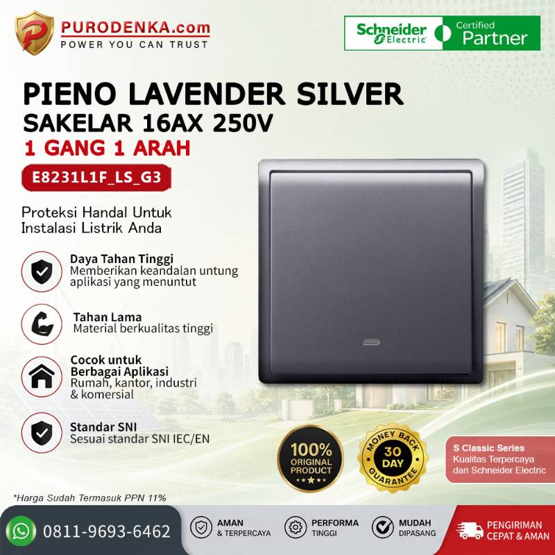 SCHNEIDER Pieno Lavender Silver 16AX 250V Sakelar 1 Gang 1 Arah E8231L1F_LS_G3