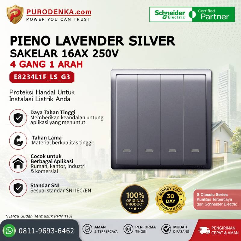 SCHNEIDER Pieno Lavender Silver 10AX 250V Sakelar 4 Gang 1 Arah E8234L1F_LS_G3