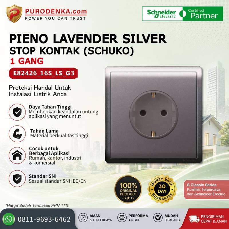 SCHNEIDER Pieno Lavender Silver 16A 250V 1 Gang Stopkontak Schuko E82426_16S_LS_G3