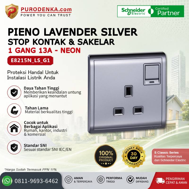 SCHNEIDER Pieno Lavender Silver Stopkontak & Sakelar Neon 13A 250V 1 Gang E8215N_LS_G1