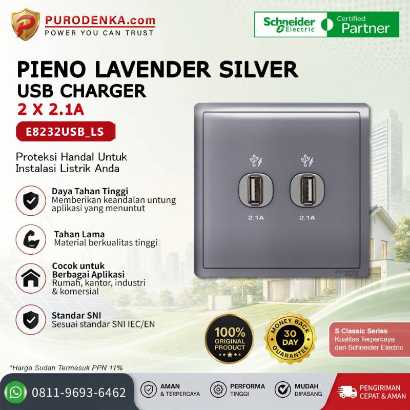 SCHNEIDER Pieno Lavender Silver Stopkontak USB Charger 2x2.1A E8232USB_LS