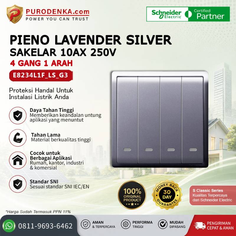 SCHNEIDER Pieno Lavender Silver 10AX 250V Sakelar 4 Gang 1 Arah E8234L1F_LS_G3