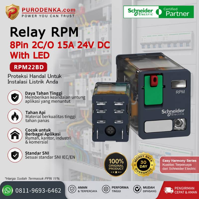 SCHNEIDER Relay RPM 8Pin 2C/O 15A 24V DC With LED RPM22BD