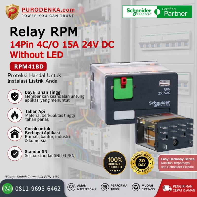 SCHNEIDER Relay RPM 14Pin 4C/O 15A 24V DC Without LED RPM41BD
