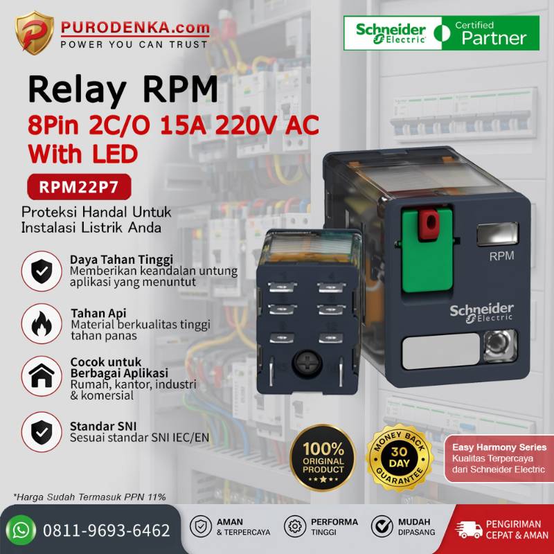 SCHNEIDER Relay RPM 8Pin 2C/O 15A 230V AC With LED RPM22P7