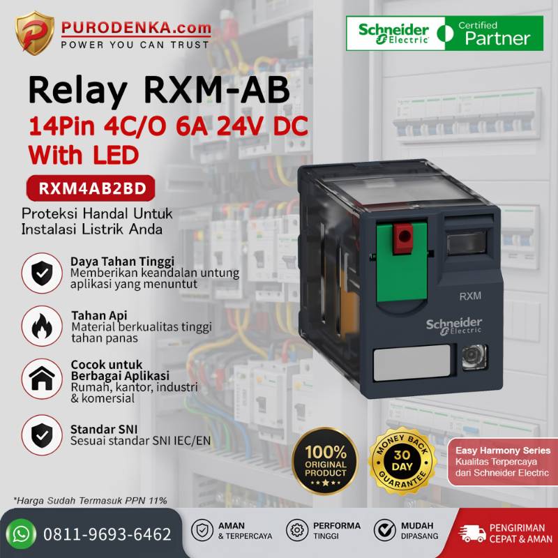 SCHNEIDER Relay RXM-AB 14Pin 4C/O 6A 24V DC With LED RXM4AB2BD