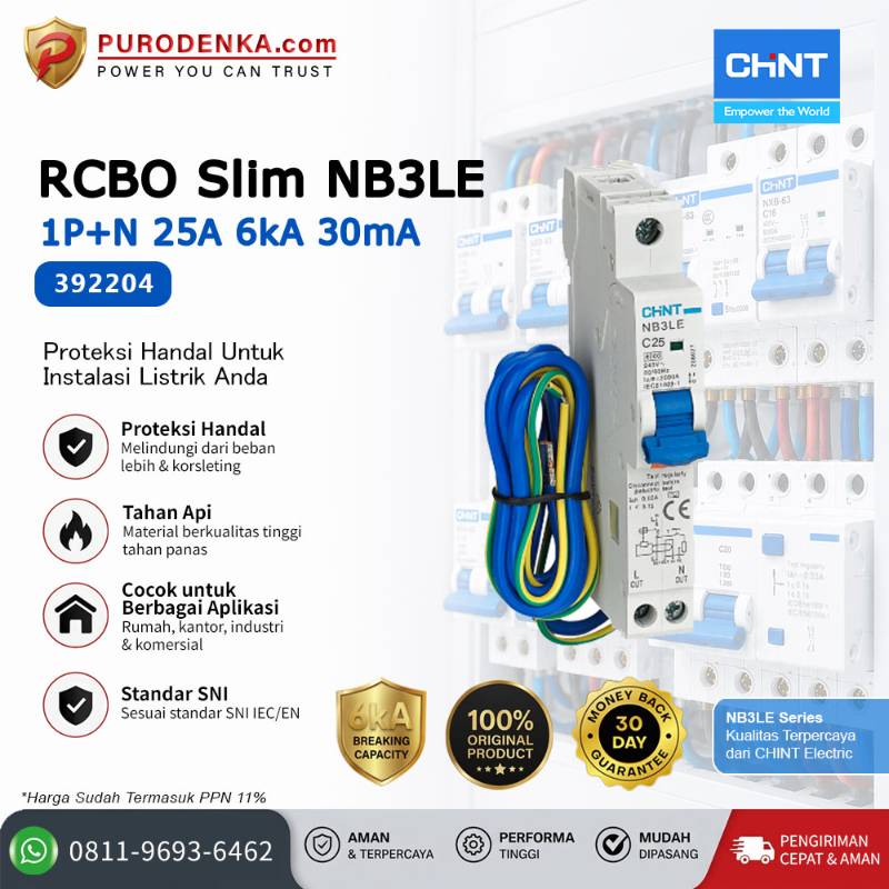 CHINT RCBO Slim NB3LE 1P+N 25A 6kA 30mA 392204
