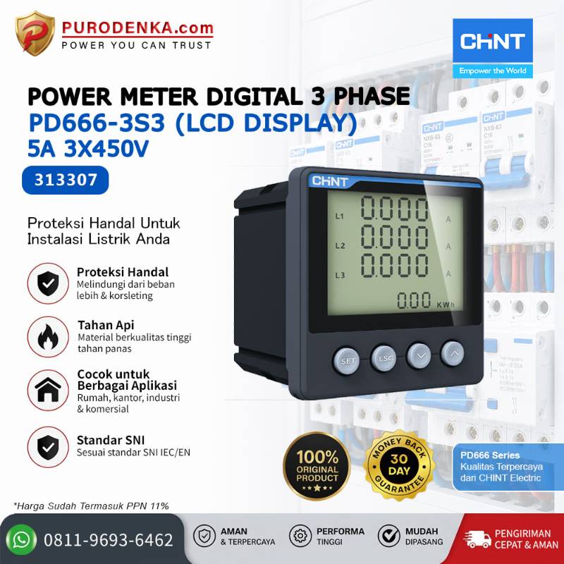 CHINT Power Meter Digital 3 Phase PD666-3S3 5A 3x450V LCD 313307