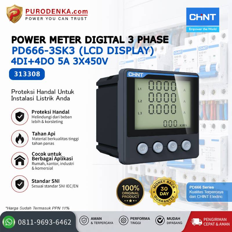 CHINT Power Meter Digital 3 Phase PD666-3SK3 4DI+4DO 5A 3x450V LCD 313308