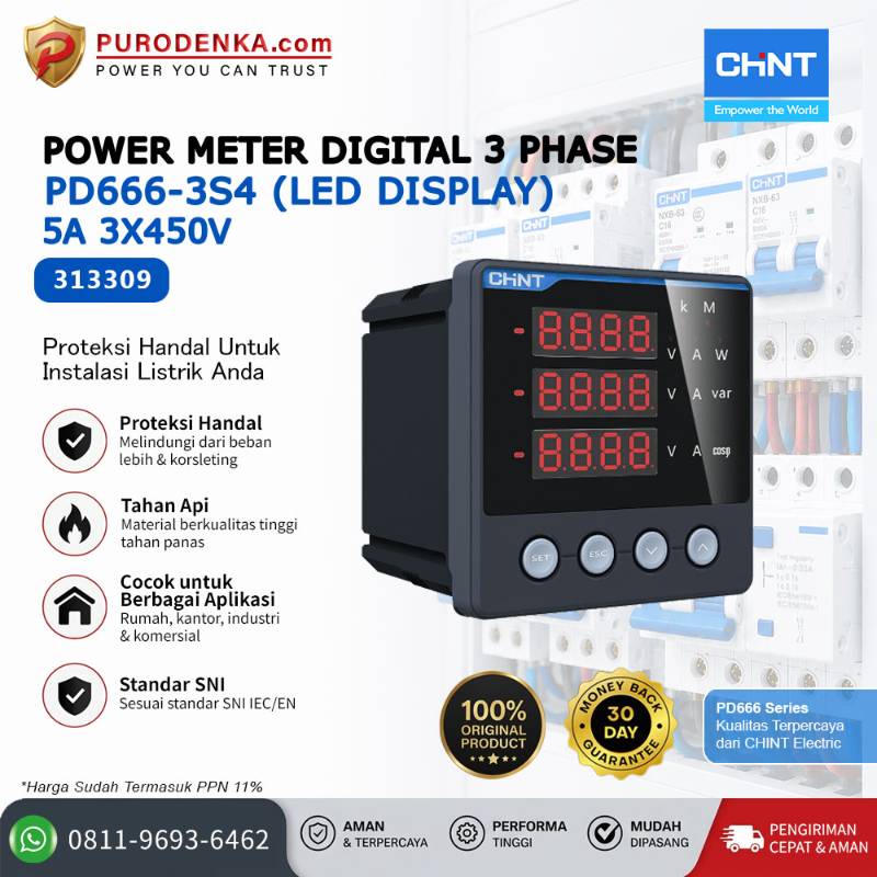 CHINT Power Meter Digital 3 Phase PD666-3S4 5A 3x450V LED 313309