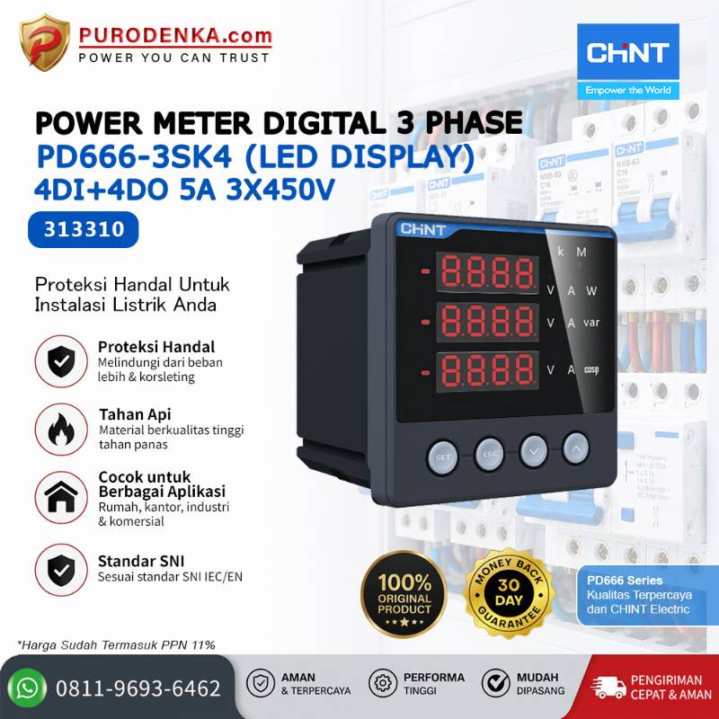 CHINT Power Meter Digital 3 Phase PD666-3SK4 4DI+4DO 5A 3x450V LED 313310